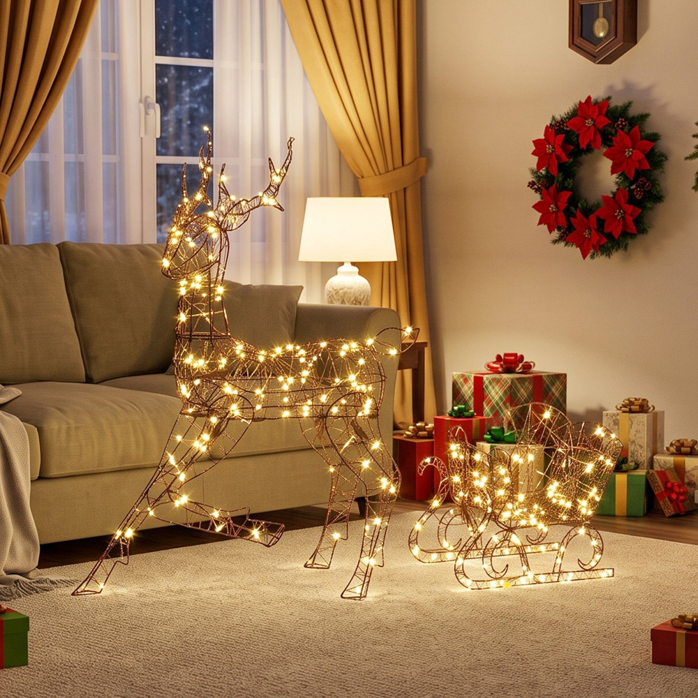 Outsunny 175 Warm White LED 2-Piece Reindeer and Sleigh Set Outdoor Christmas Decoration Image 6