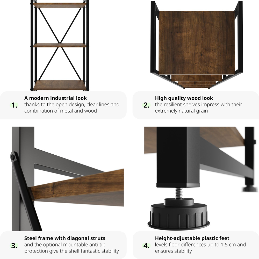 tectake Manchester 5 Shelf Industrial Dark Wood Bookcase Image 5