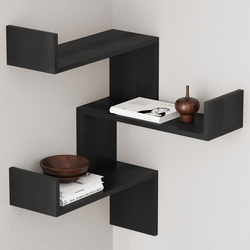 Decortie Luksa 3 Shelf Zigzag Wall Mounted Design Black Wood Corner Bookcase Image 1
