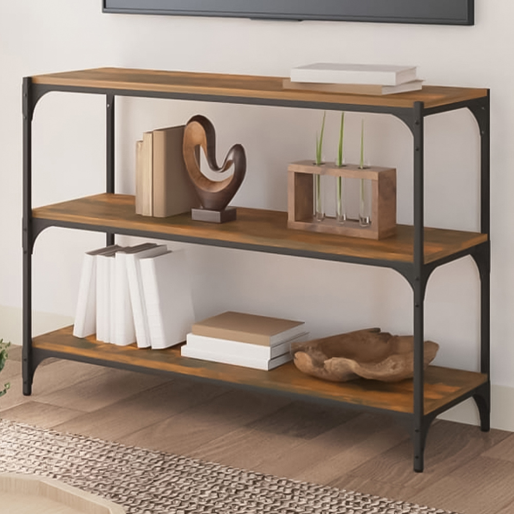 vidaXL 3 Shelf Smoked Oak Processed Wood and Steel Bookcase Image 1