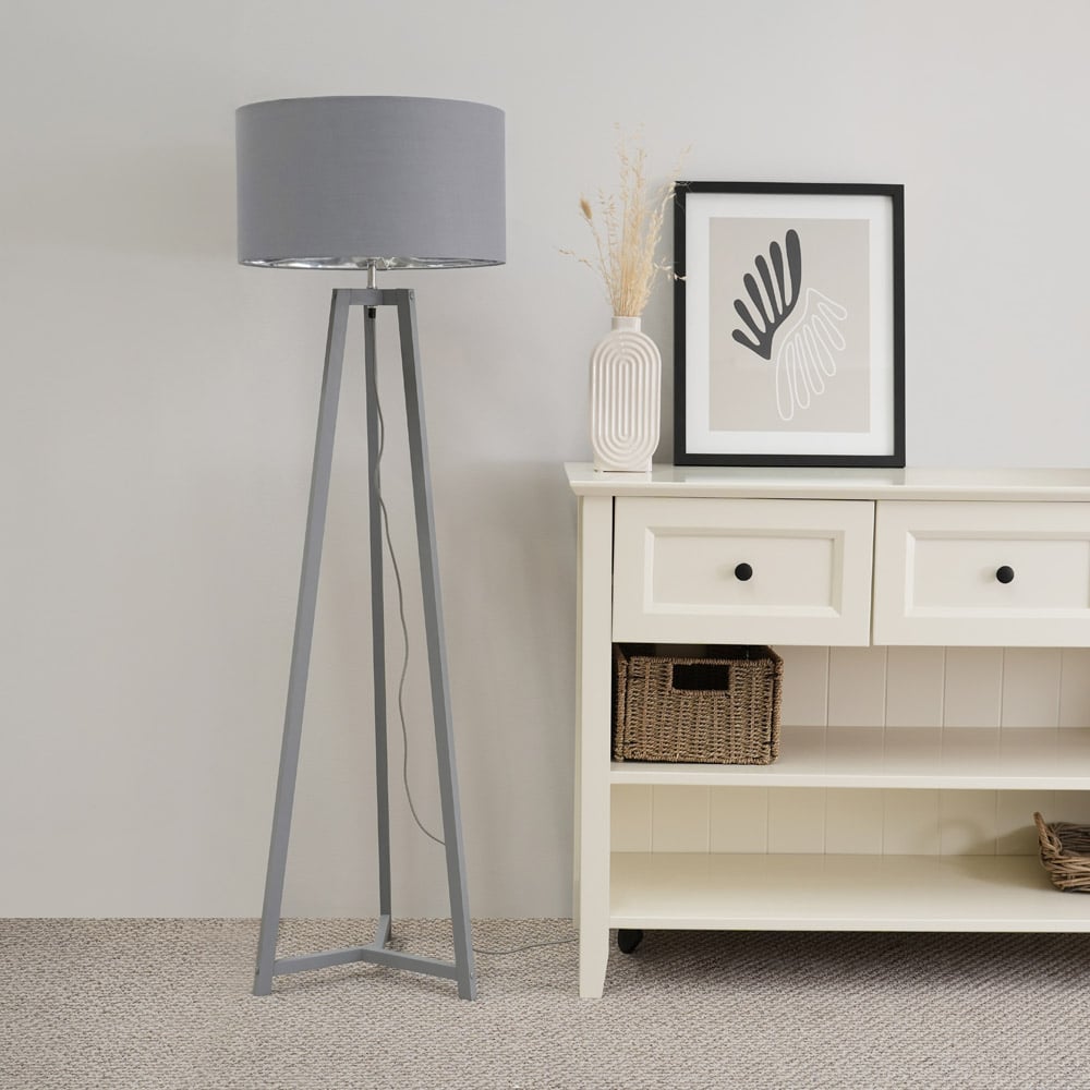 ValueLights Lottie Grey and Chrome Drum Shade Grey Wood Tripod LED Floor Lamp Image 3
