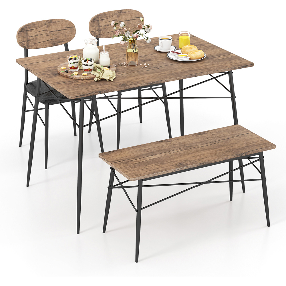 Costway 4 Seater Faux Leather Dining Set with Bench Rustic Brown Image 2