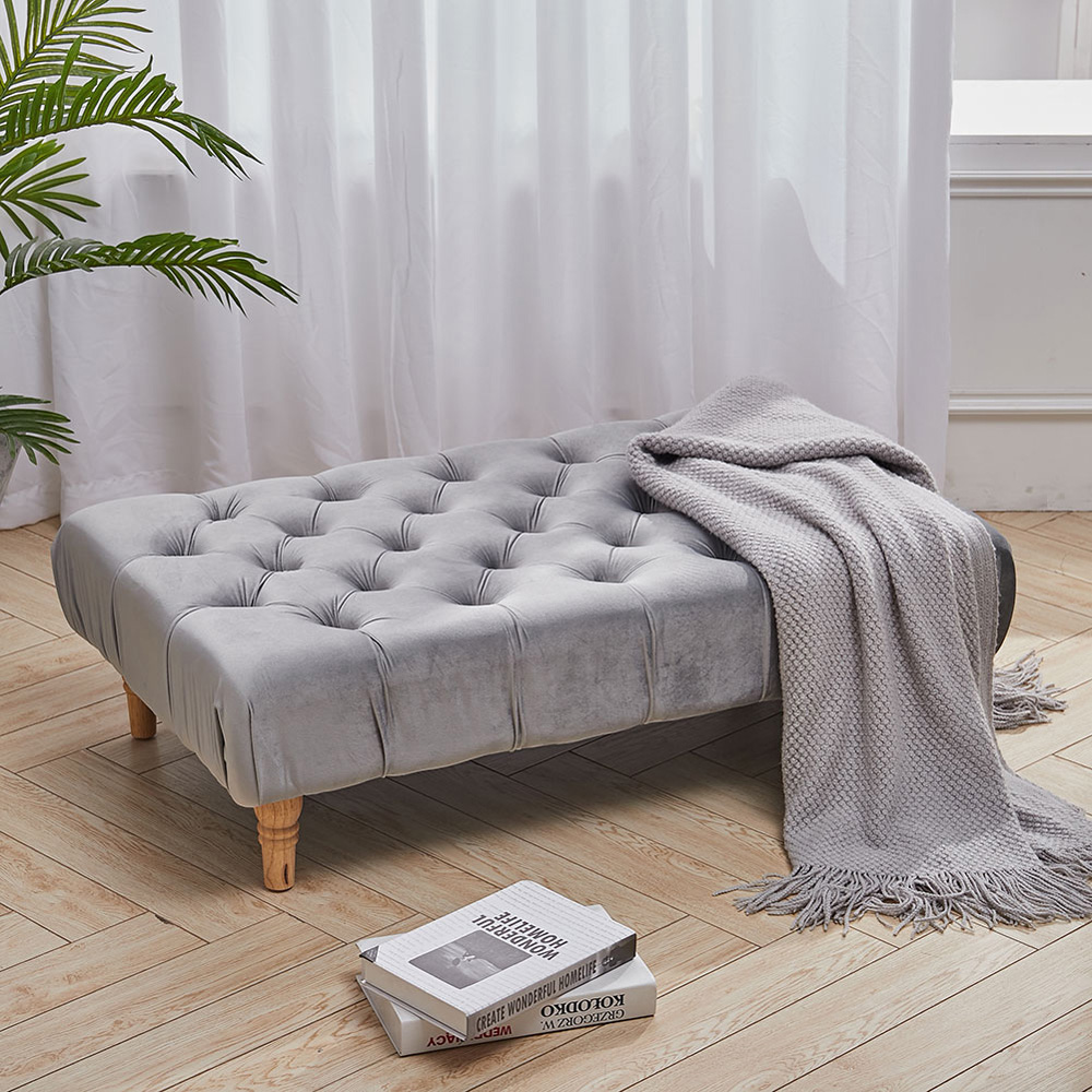 Living and Home Light Grey Velvet Buttoned Footstool Image 8