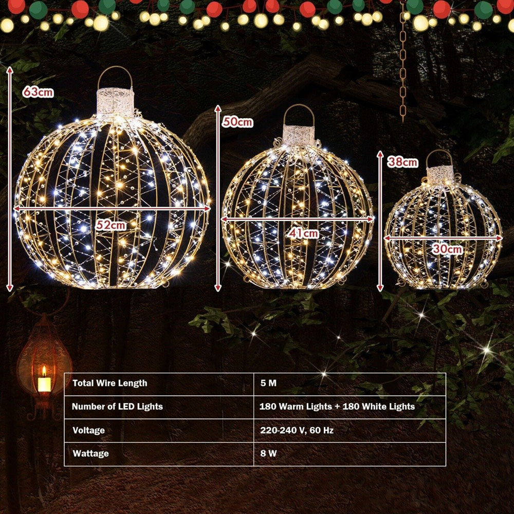 Costway Golden LED Ball Light Christmas Decoration 3 Pack Image 8
