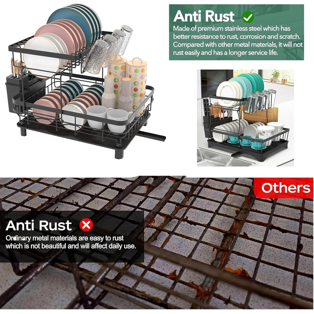 ATEK 2-Tier Black Dish Drying Rack with Drain Tray Image 3