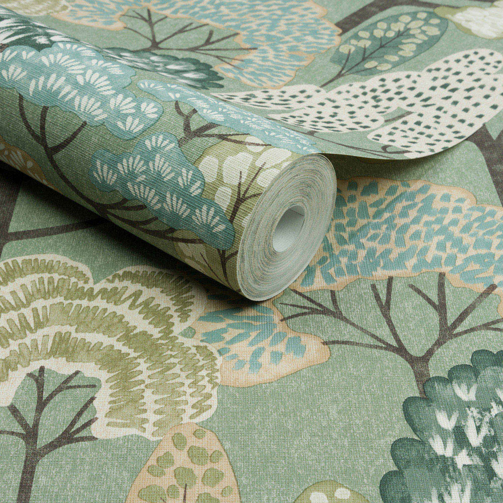 Grandeco Happy Trees Brushstroke Sage Green Wallpaper Image 2