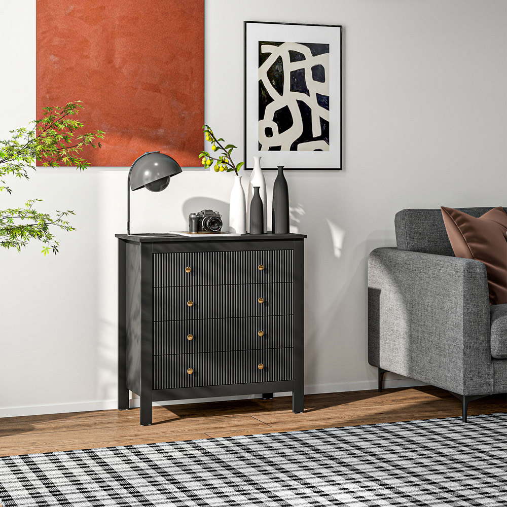 Portland 5 Drawer Black Fluted Chest of Drawers with Gold Tone Handles Image 5