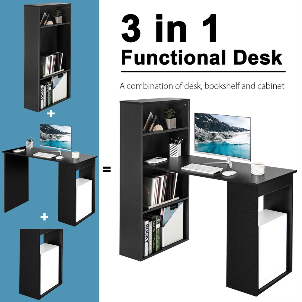 Costway Wooden Computer Desk with Bookshelf Black Image 4
