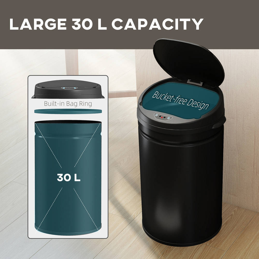 HOMCOM Black Stainless Steel Automatic Sensor Bin with Soft-Close Lid 30L Image 5
