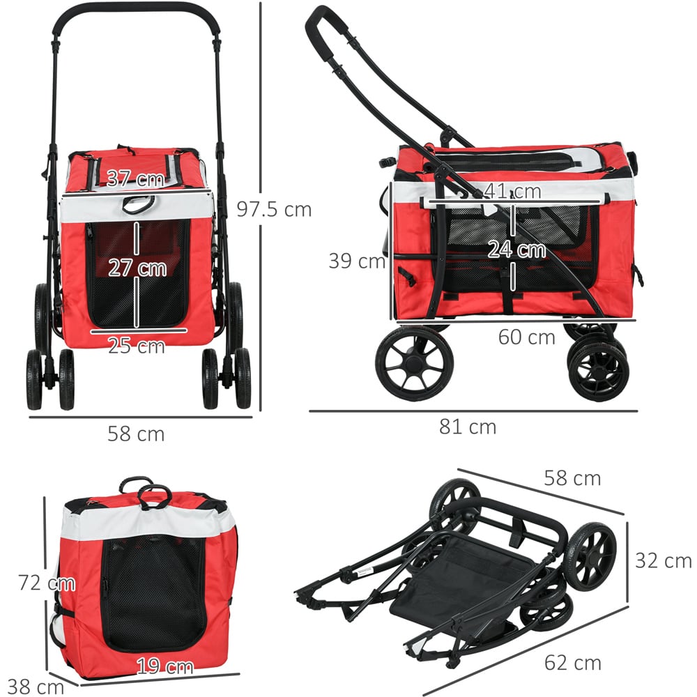 PawHut Red Foldable Pet Stroller with Detachable Carrier Image 7