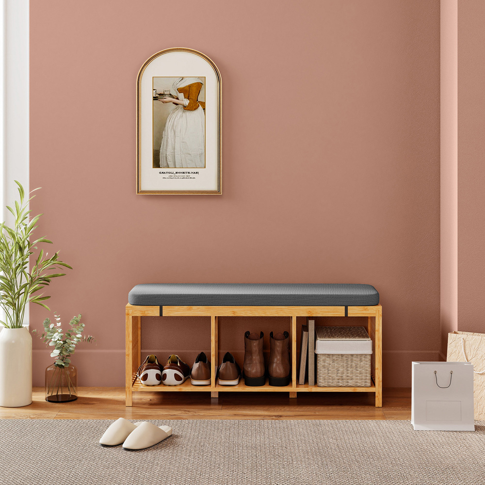 Portland Natural Wood Bamboo Shoe Storage Bench with Padded Seat Image 4