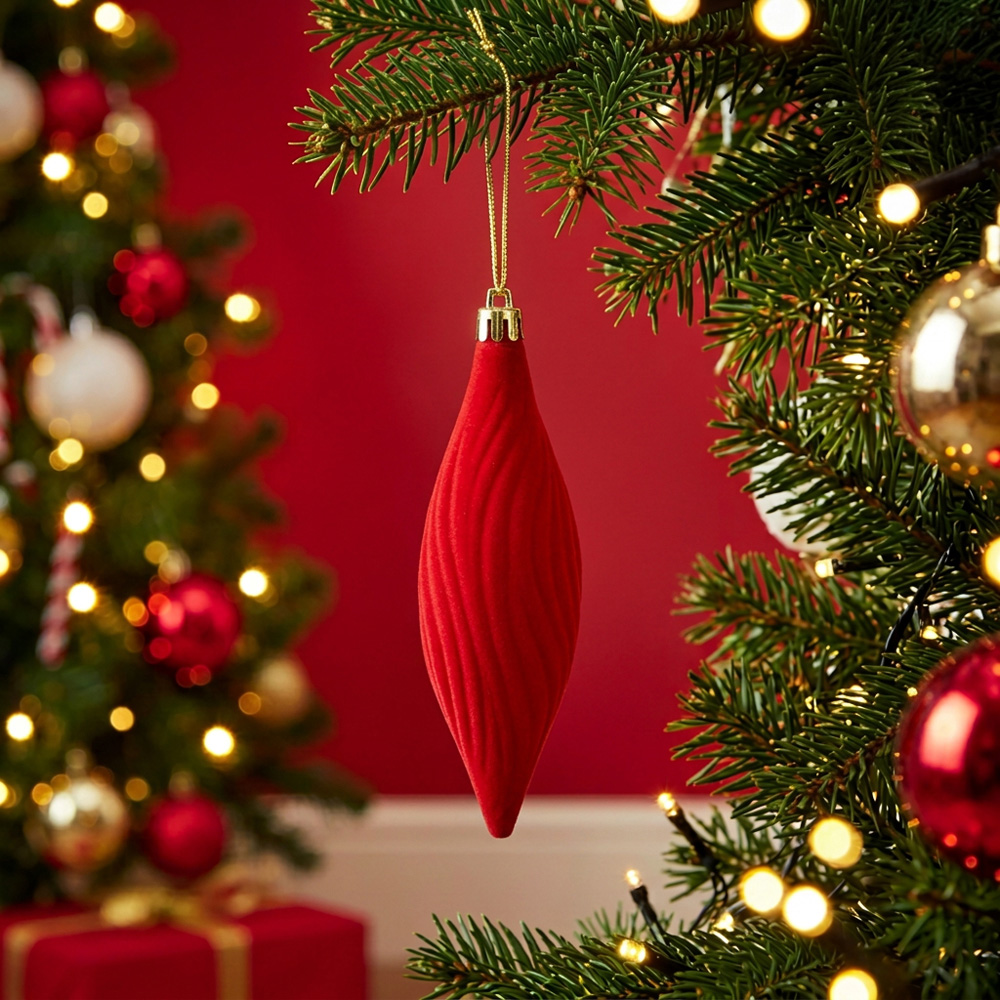 Pack of 6 Flocked Hanging Decorations Red Image 2