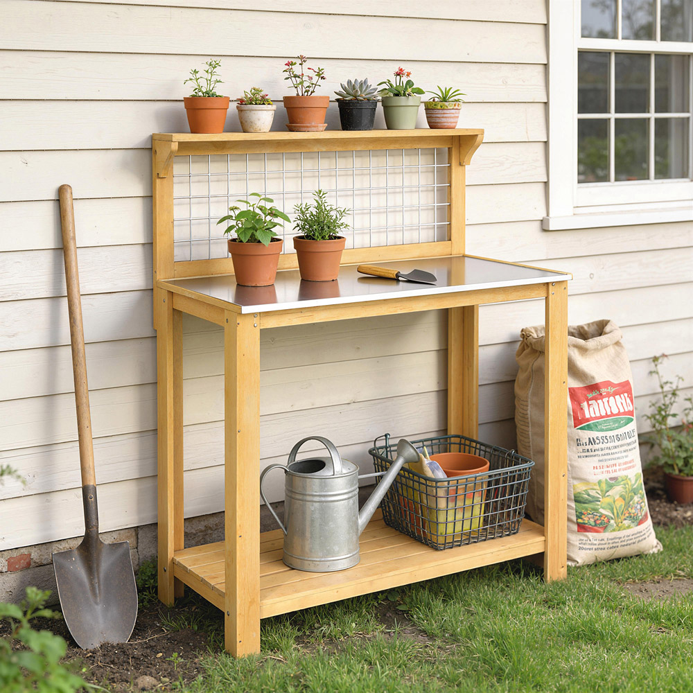 Outsunny Wooden Potting Bench Table with Aluminium Worktop Image 2
