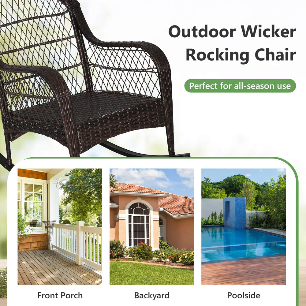 Costway White Rattan Rocking Chair with Seat Back Cushion Image 5