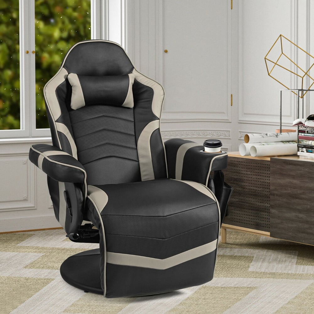 Costway Grey Electric Massage Gaming Chair with Cup Holder Image 4