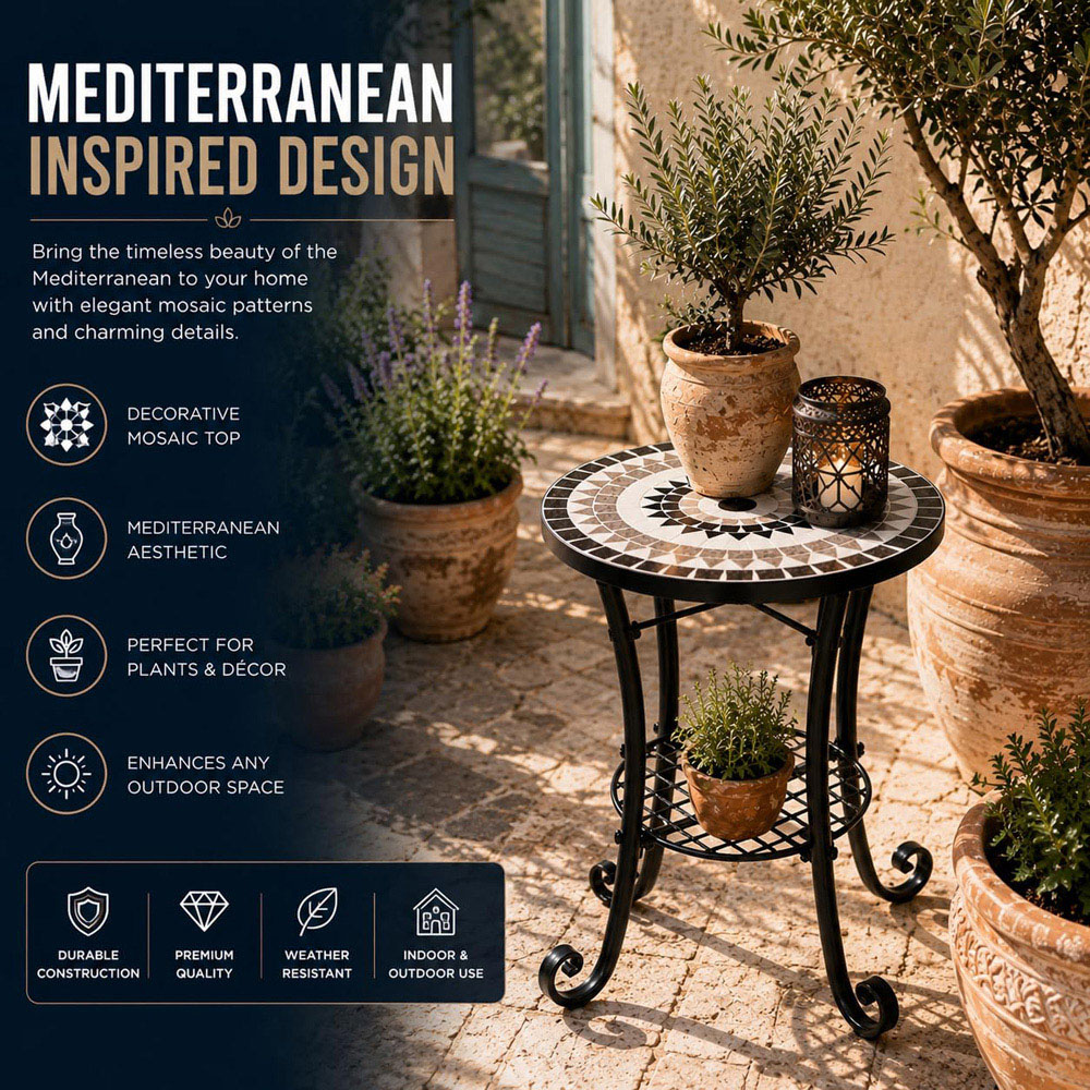 Shatchi Medina 2-in-1 Single Shelf Mosaic Ceramic Tile Top Plant Stand Side Table Image 7