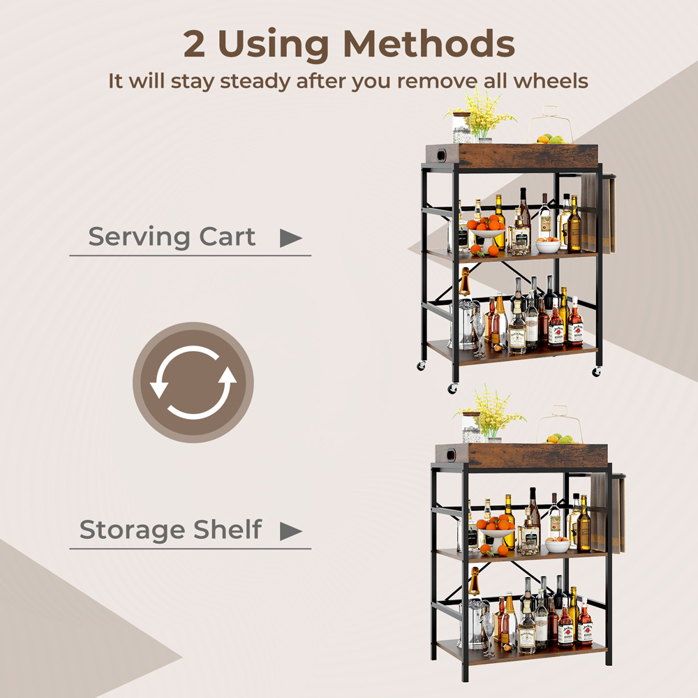 Costway 3 Shelf Rustic Brown Drinks Trolley Image 6