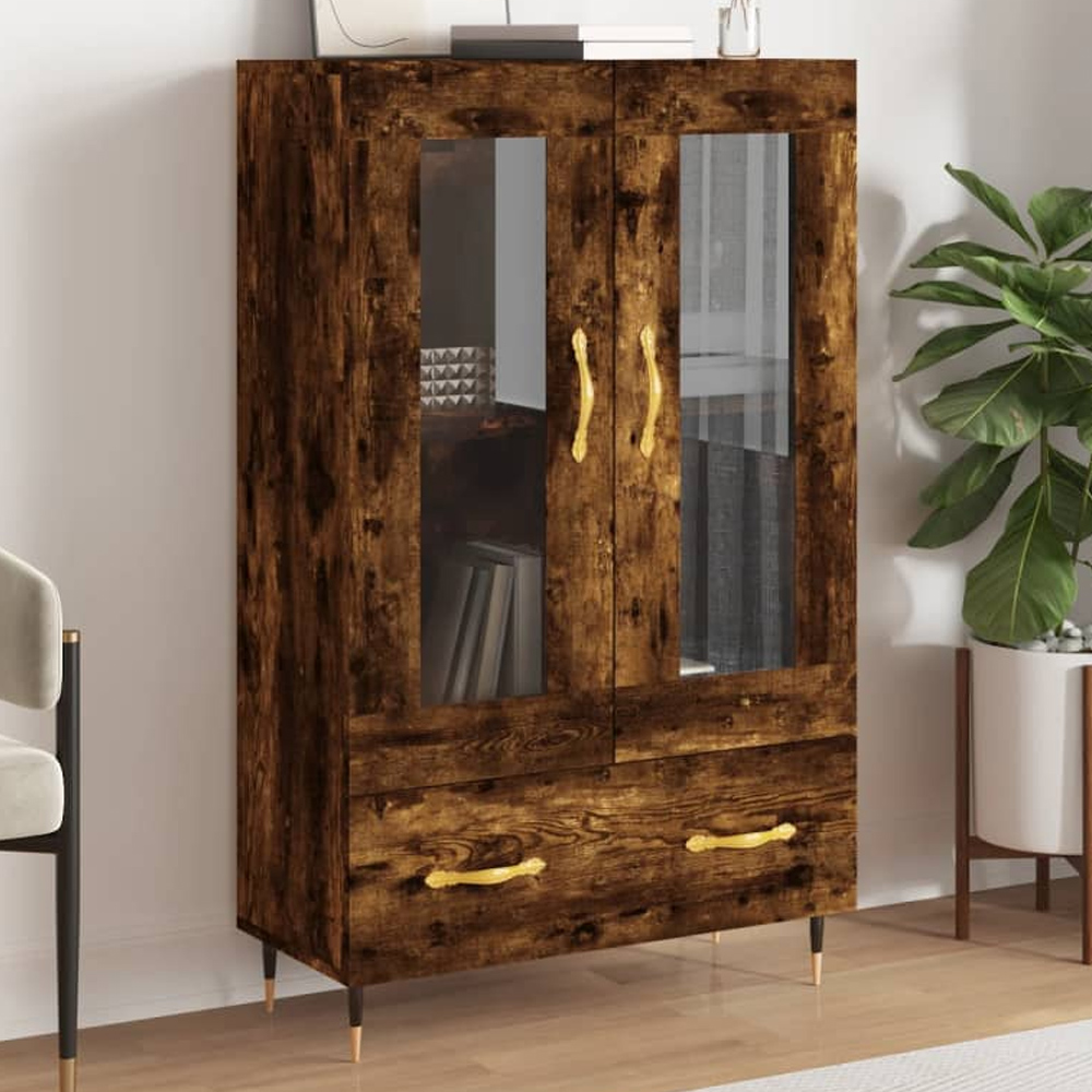 vidaXL 2 Glass Door Single Drawer Smoked Oak Highboard with Metal Legs Image 1