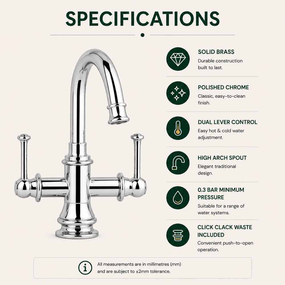 Go Bathrooms Spoutford Traditional Chrome Mono Basin Mixer Tap with Waste Image 3