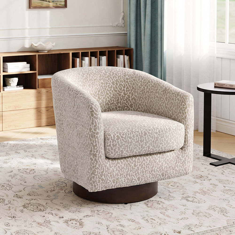 Living and Home Light Brown and White Linen Leopard Print Curved Barrel Swivel Armchair Image 8