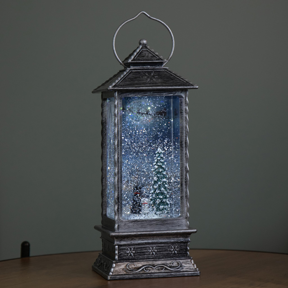 Samuel Alexander White LED Antique Silver Christmas Water Spinner Lantern with Dogs and Sleigh 27cm Image 2