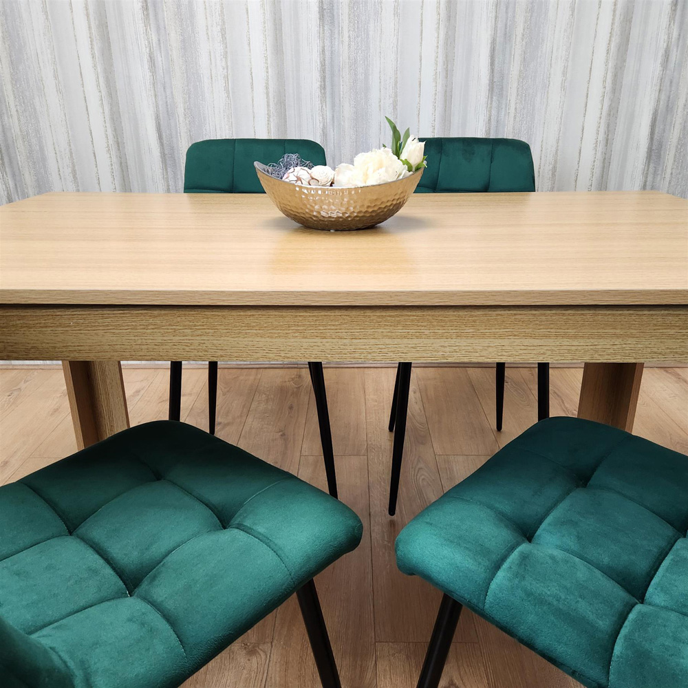 Portland 4 Seater Square Velvet Dining Set Oak Effect and Green Image 2