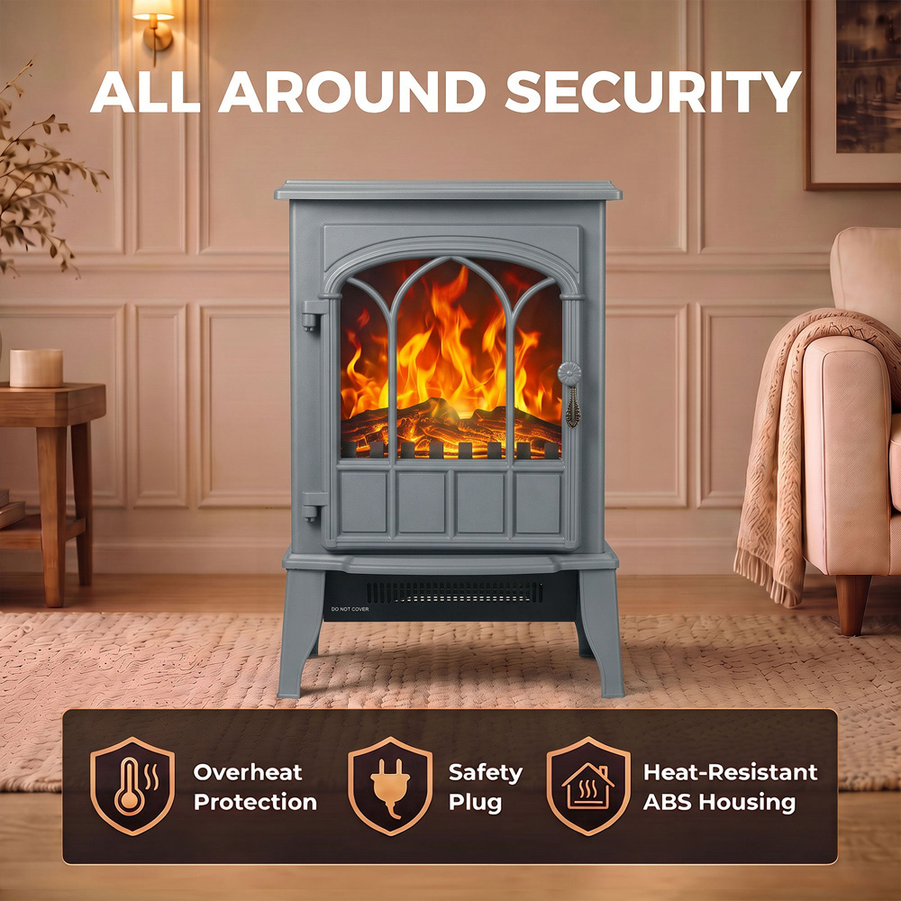 HOMCOM Grey Freestanding Electric Log Burner with LED Flame Effect Image 5