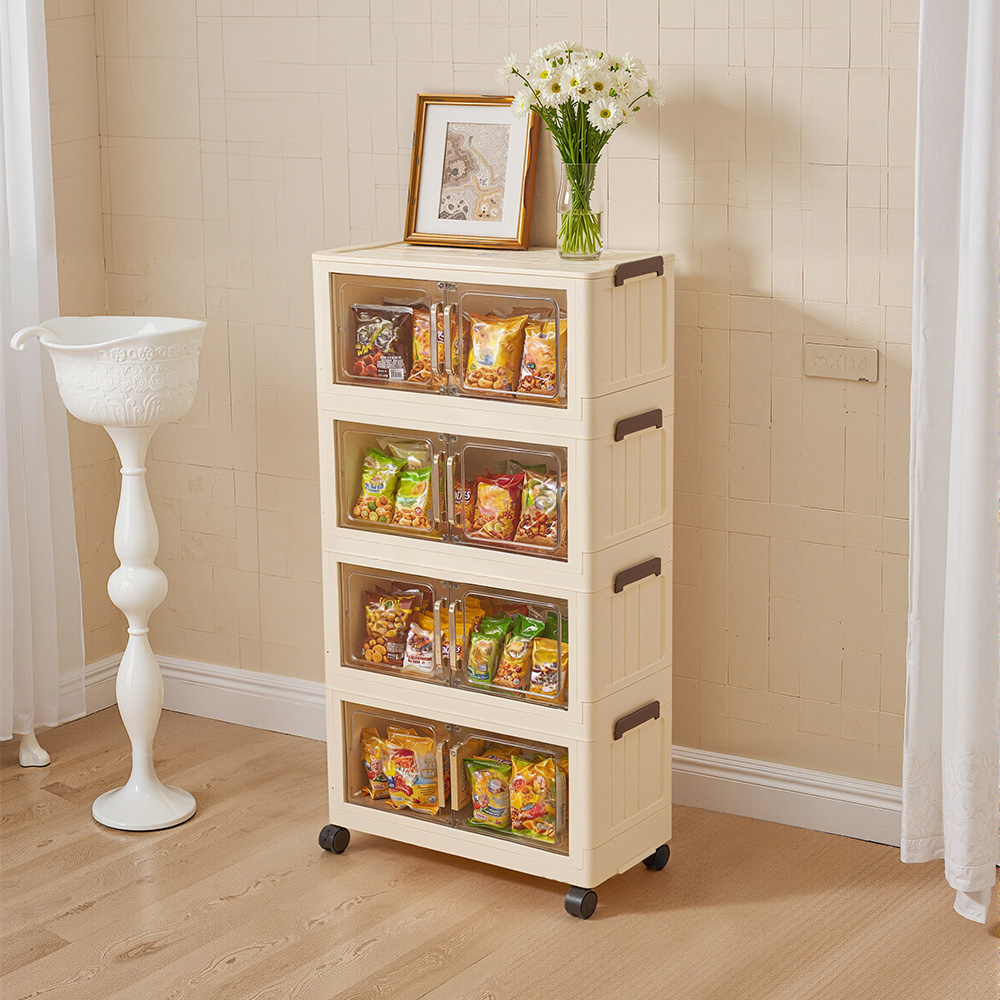 Living and Home 4 Tier Cream Clear Foldable Rolling Plastic Storage Cabinet Image 2