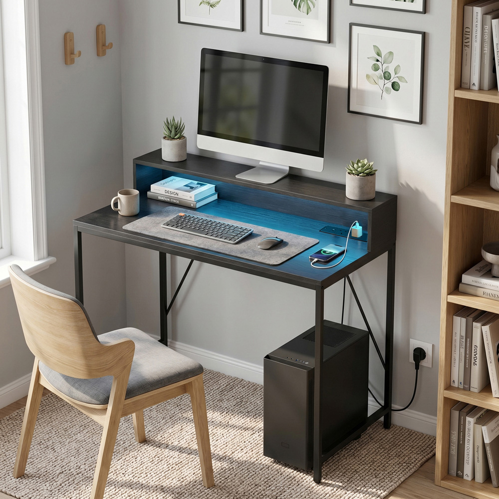 HOMCOM Gaming Desk with LED and Power Outlets Black Wood-Effect Image 4