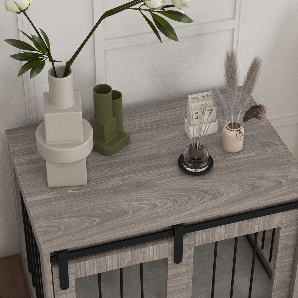 PawHut Brown Dog Crate End Table with Cushion 80cm Image 3