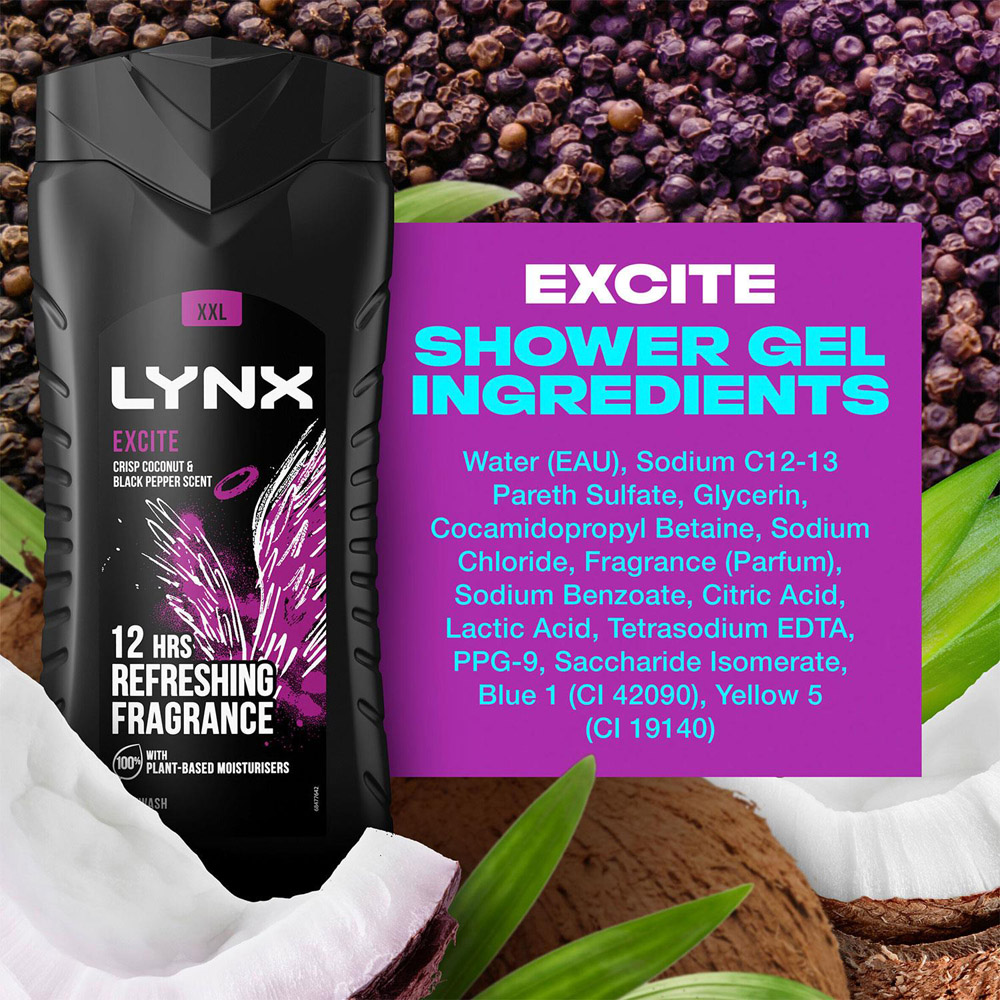 Lynx Excite Black Pepper and Crisp Coconut Shower Gel 500ml and Body Spray 250ml 6 Pack Image 7