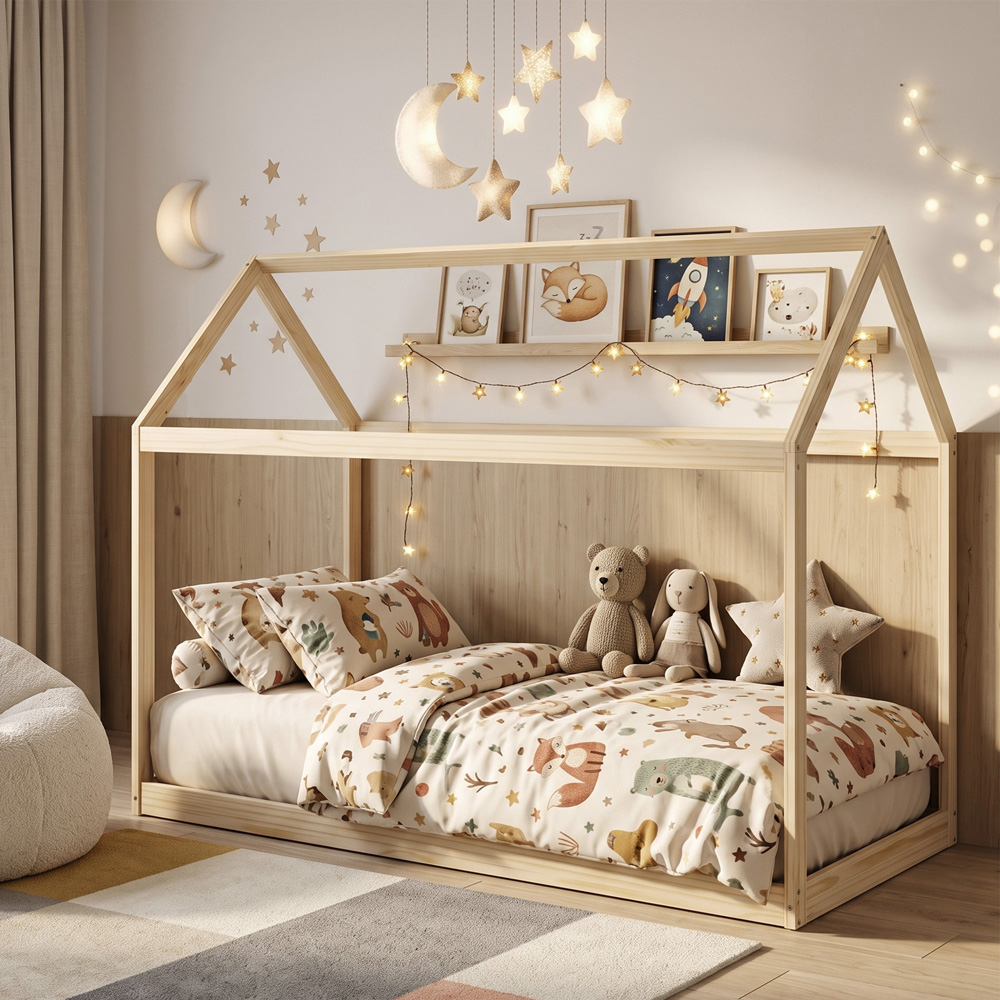 HOMCOM Single Natural Wood Finish Tree House Style Bed Frame Image 2
