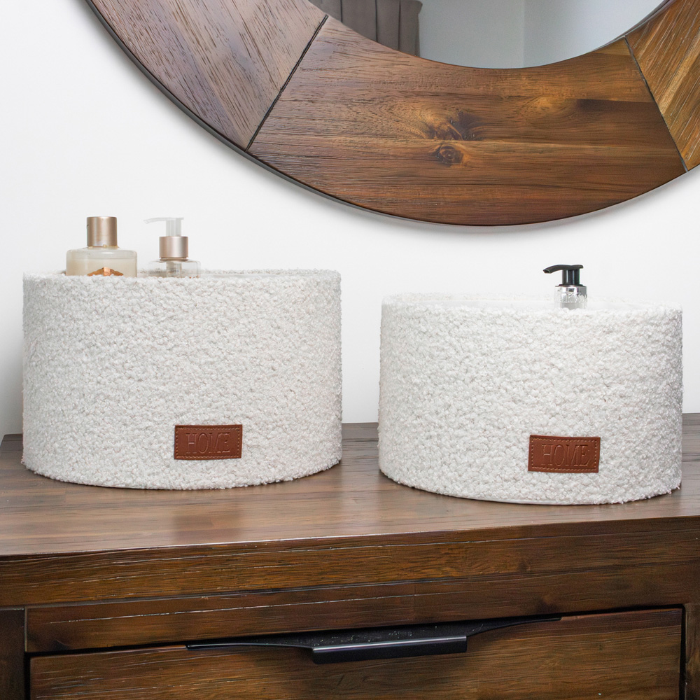 JVL Shiro White Boucle Fabric Round Storage Basket 2 Pack Image 2
