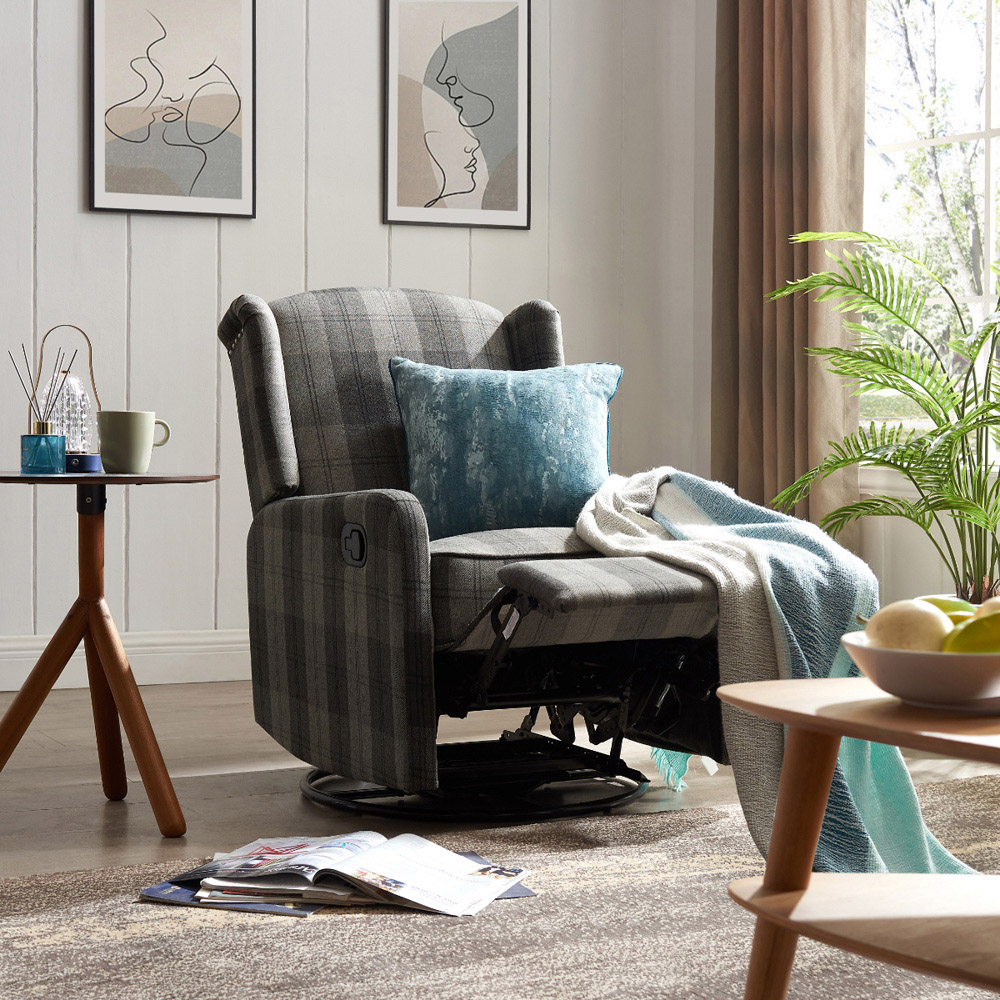 Home Detail Charles Grey Tartan Swivel Manual Recliner Chair Image 6
