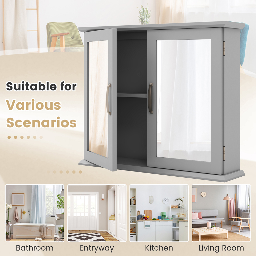 Costway 2 Shelf Grey Wall Mounted Bathroom Cabinet with Mirror Door Image 7