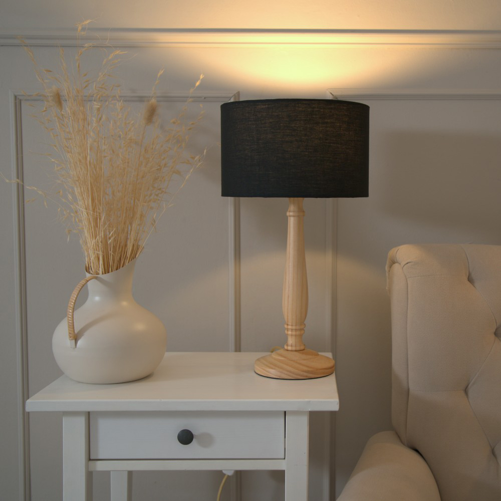 ValueLights Victoria Black Fabric Drum Shade Light Wood Traditional Stem LED Table Lamp Image 2