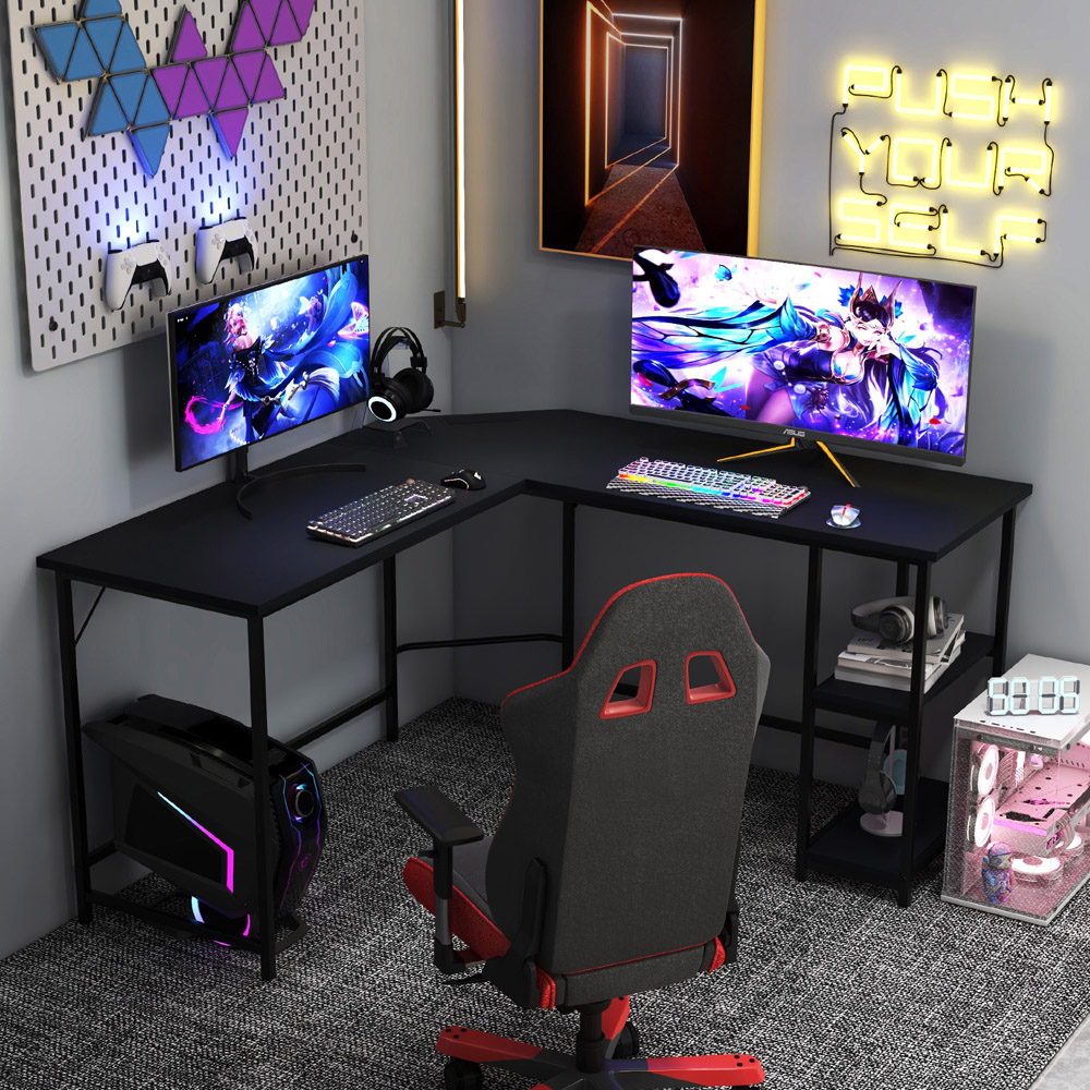 Costway L Shaped 2 Shelf Computer Desk Black Image 4
