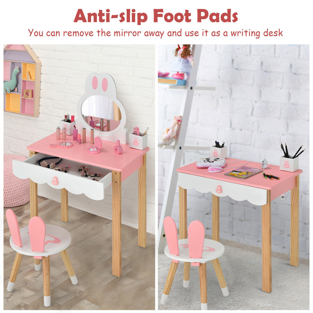 Costway Single Drawer Kids Pink Vanity Table and Chair Set with Mirror Image 7