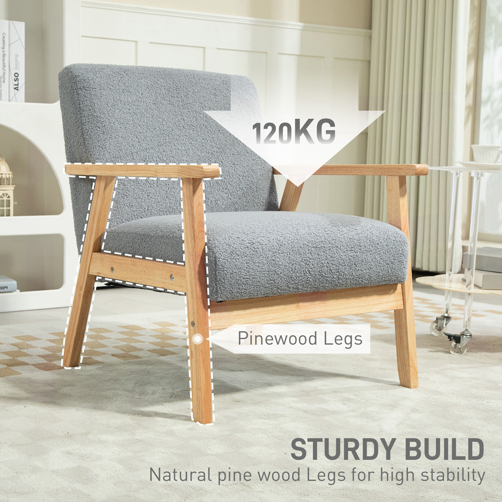 HOMCOM Grey Wood Frame Accent Armchair with Cashmere Cushions Image 7