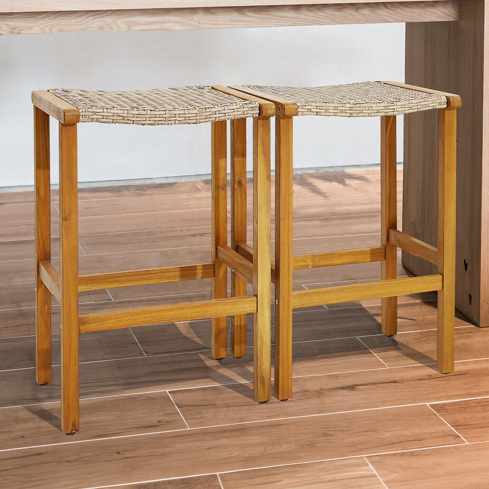 Costway Acacia Wood PE Wicker Bar Stool Set of 2 Image 1