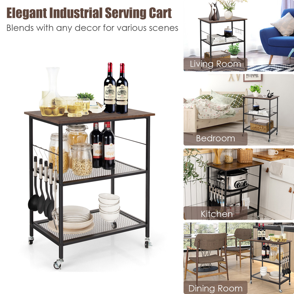 Costway 2 Shelf Coffee Kitchen Trolley with Hooks Image 7