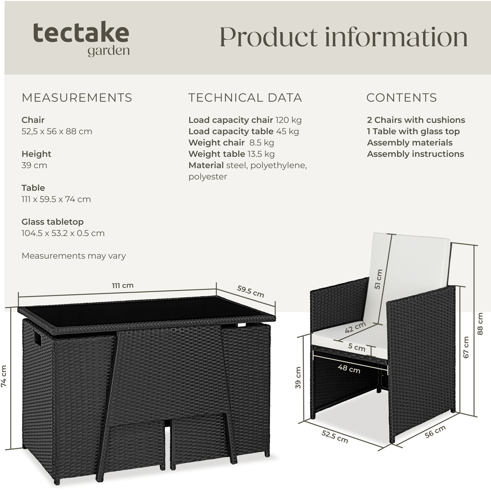 tectake Lausanne 2 Seater Rattan Garden Bistro Set Black Image 6