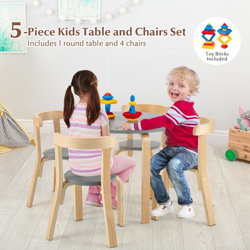 Costway 4 Seater Kids Bentwood Dining Set Grey Image 3
