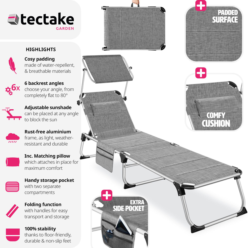 tectake Lorella Mottled Grey Aluminium Frame Foldable Sun Lounger Image 6