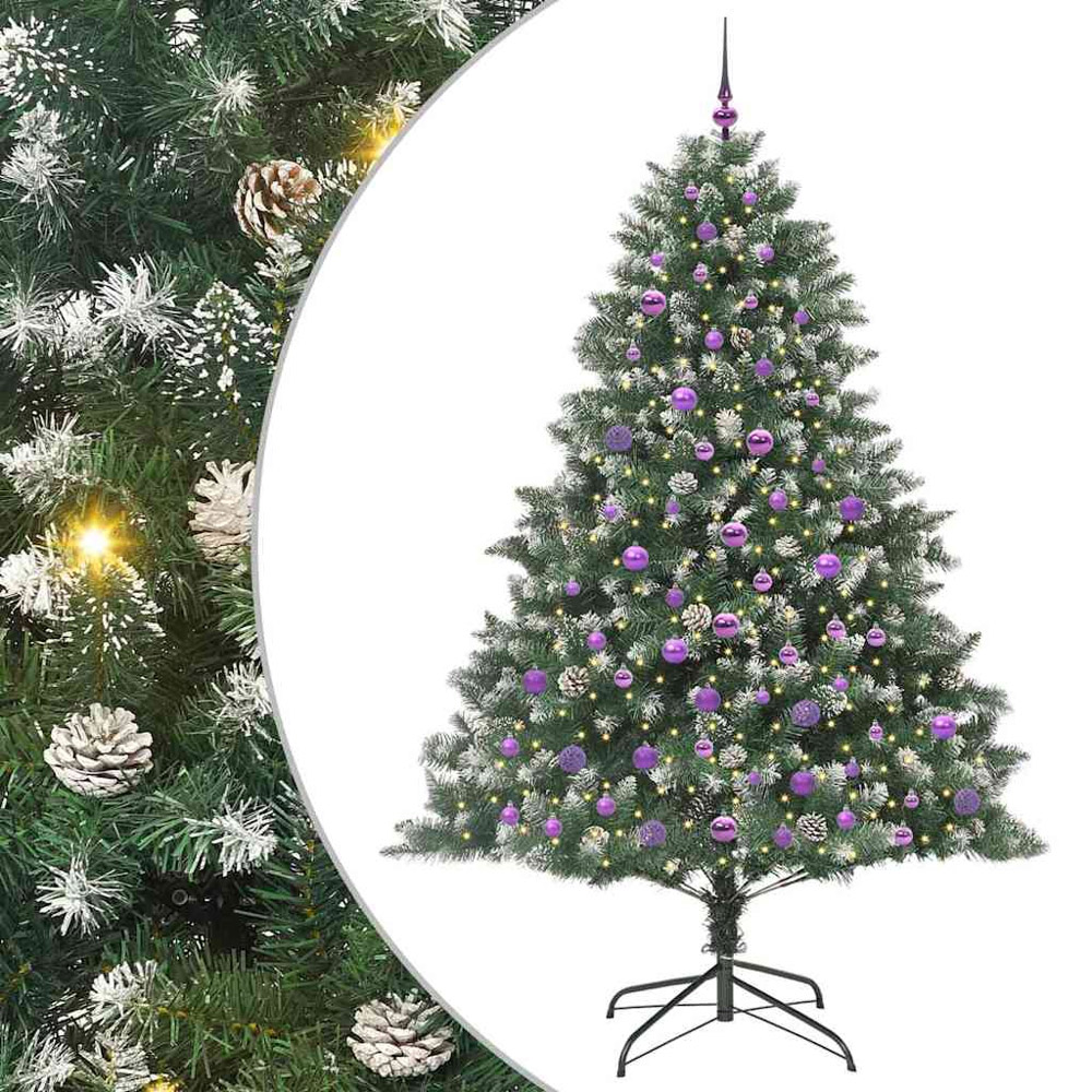 vidaXL Pre-Lit Lilac Baubles Green Artificial Snow Tipped Christmas Tree 7ft Image 2
