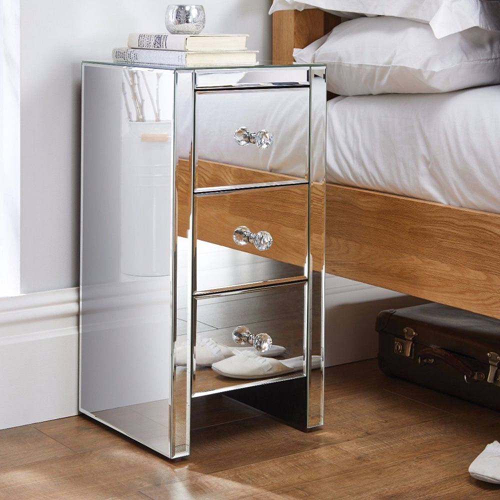 Furniturebox Donato 3 Drawer Silver Mirrored Bedside Table Image 1