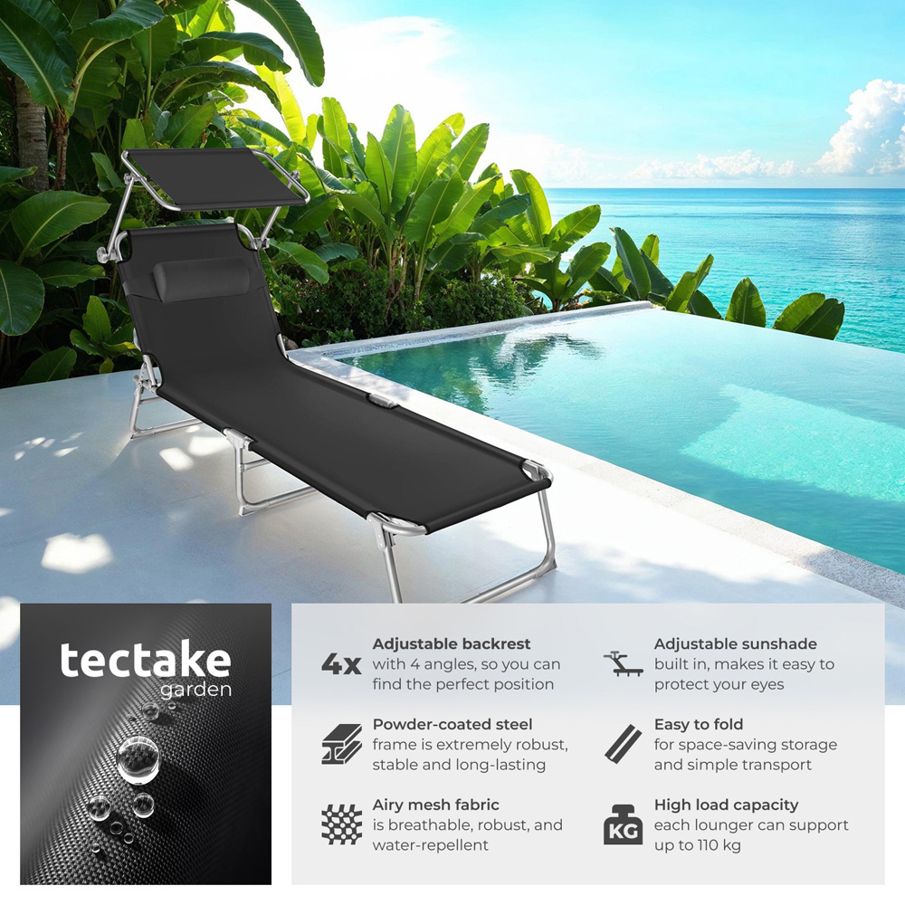 tectake Chloé Black 4 Step Backrest Foldable Sun Lounger with Head Cushion Image 6