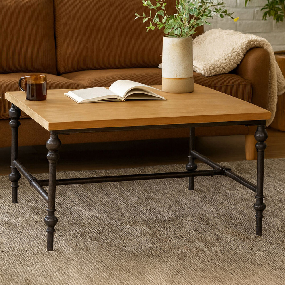 Premier Housewares Industrial-Style Square Coffee Table with Wooden Tabletop Image 1