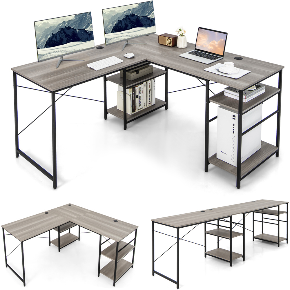 Costway 4 Shelf Grey L-Shaped Wooden Industrial Desk Image 2
