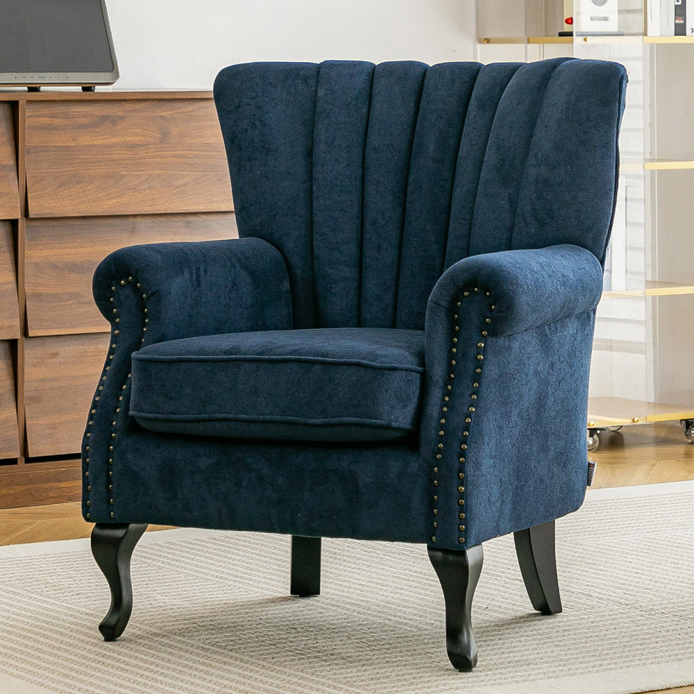 Living and Home Blue Chenille Upholstered Channel Back Armchair Image 7